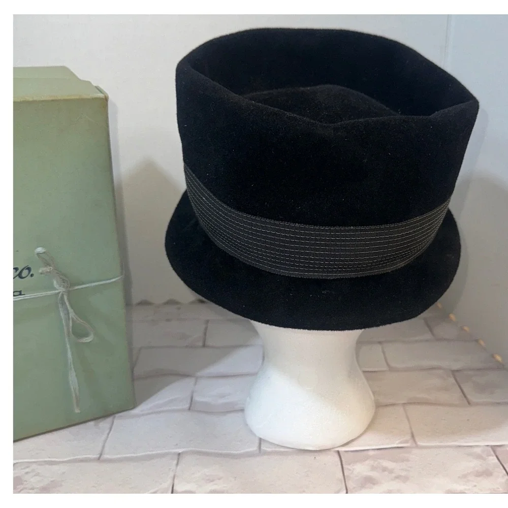 Vintage LS Ayres & Co Black Felt Pillbox Hat with Bow and Original Box